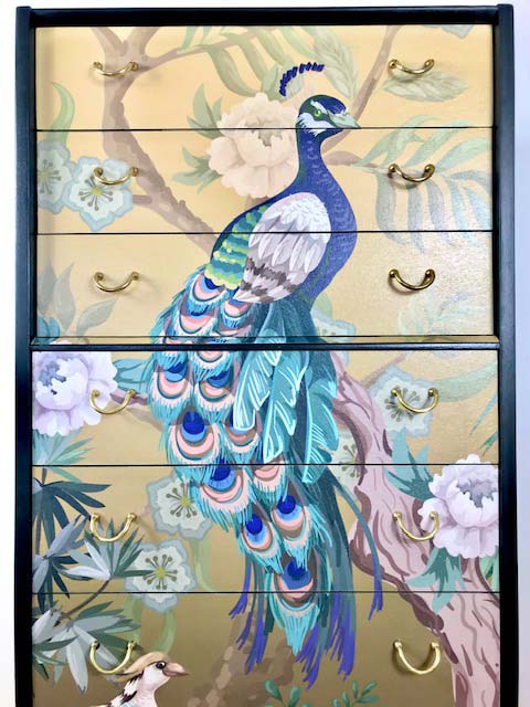 Midcentury G-Plan 7 Drawer Tallboy Chest With Chinoiserie Peacock Design