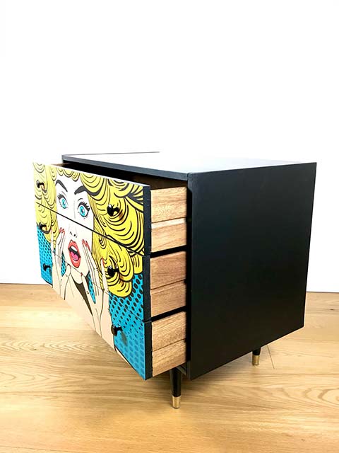 Upcycled Vintage Retro Midcentury Berry 3 Drawer Chest With Pop Art Design