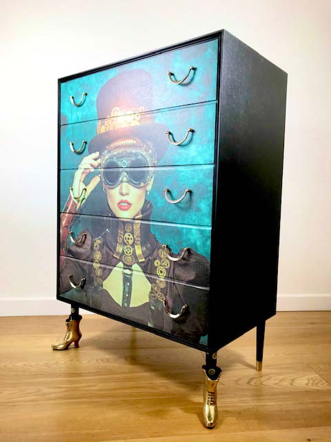Upcycled Vintage Retro Midcentury Meredew 5 Drawer Chest With Steampunk Design