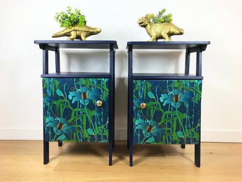 Retro Pair Of Bedside Cabinets With Electric Lagoon Design