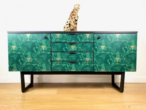Upcycled Unique Vintage Retro Sideboard, TV, Media Unit With Emerald Divine Savages Catitude Wallpaper Decoupage