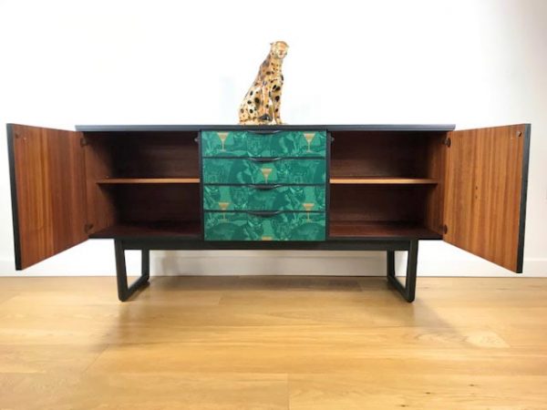 Upcycled Unique Vintage Retro Sideboard, TV, Media Unit With Emerald Divine Savages Catitude Wallpaper Decoupage
