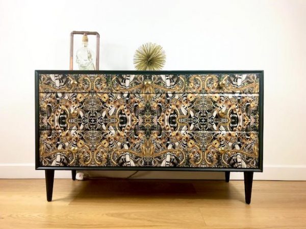 Upcycled Retro Midcentury Meredew 5 Drawer Chest With Golden Snake Print Design