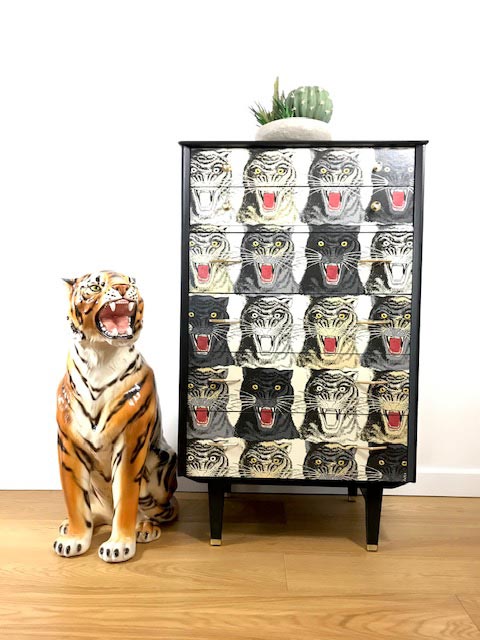 Upcycled Mid Century G Plan 6 Drawer Chest With Gucci Tiger Wallpaper Decoupage
