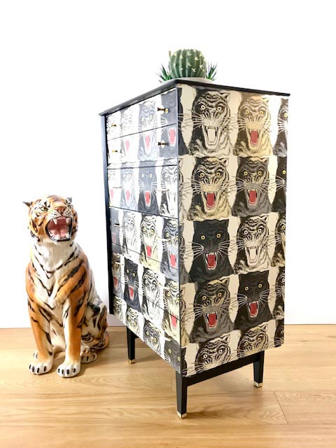 Upcycled Mid Century G Plan 6 Drawer Chest With Gucci Tiger Wallpaper Decoupage