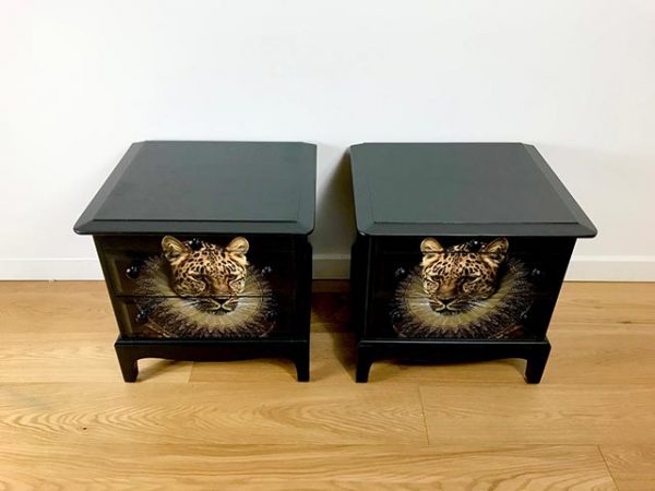 Vintage Pair Of Stag Bedside Drawers With Queen Leopard Design