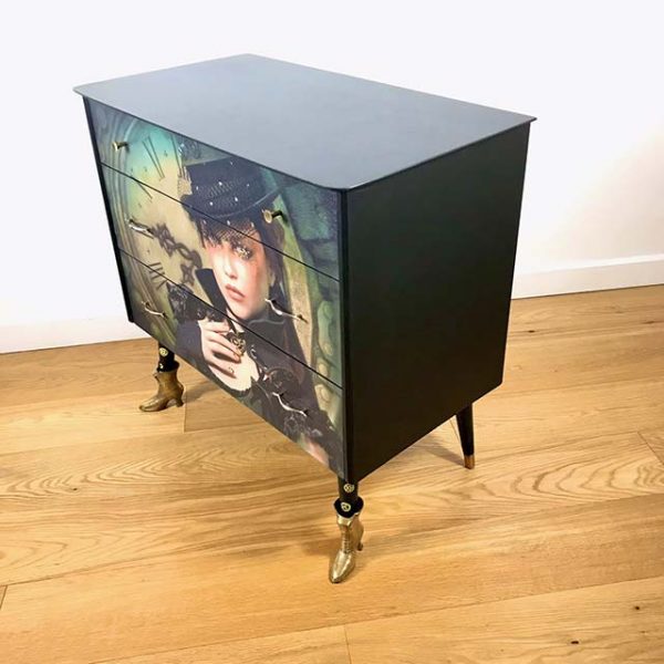 Upcycled Mid Century Steampunk Decoupage 3 Drawer Chest